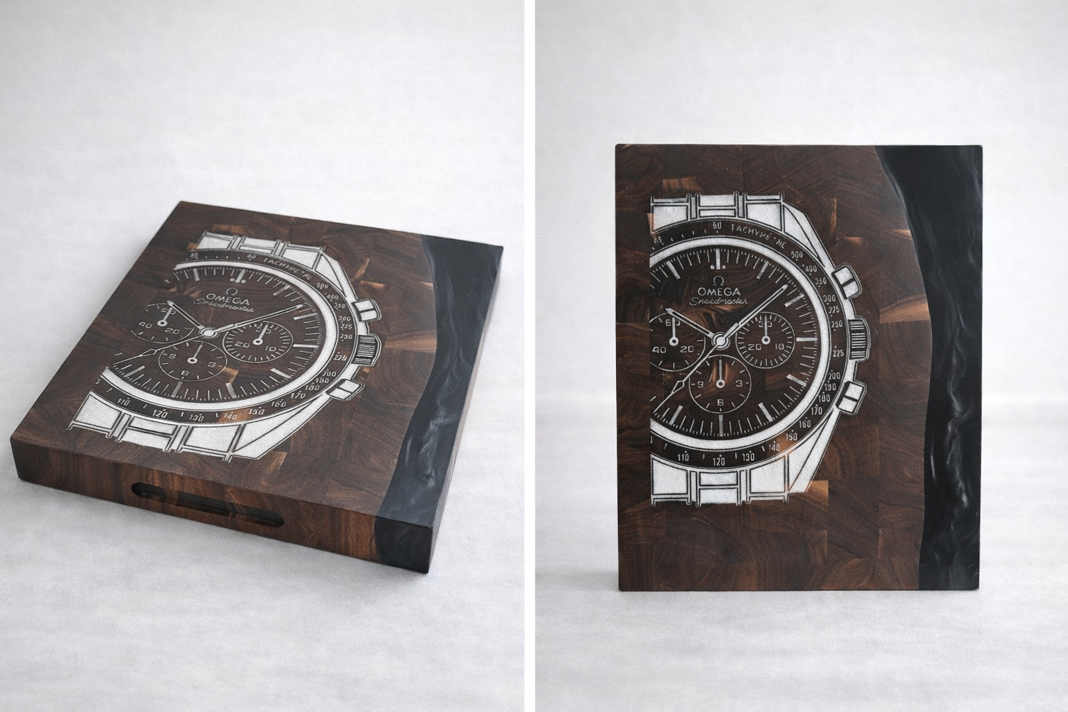 A wooden box with a detailed watch face design on the top surface, featuring black and white detailing of a chronograph watch.