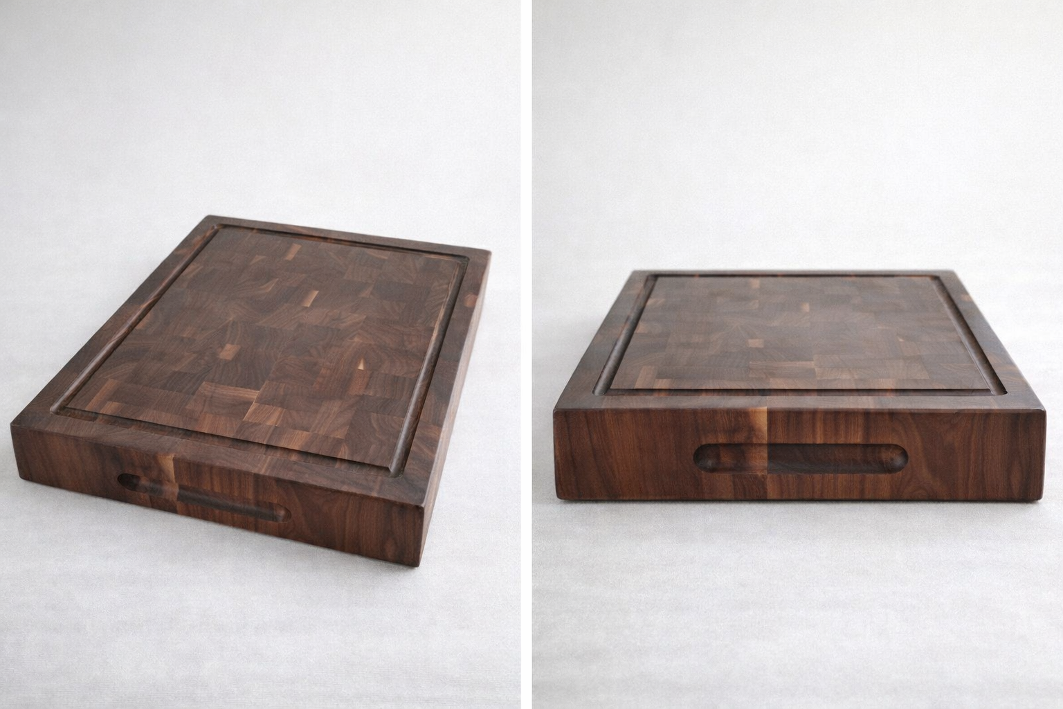 A wooden cutting board with a checkered pattern on top, placed on a white surface.