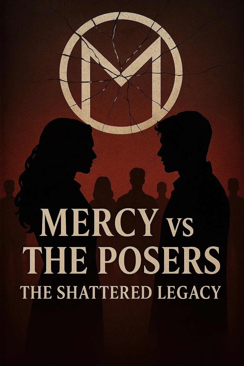 Book cover for Mercy vs The Posers, featuring a cracked M symbol and 2 silhouettes looking at one another