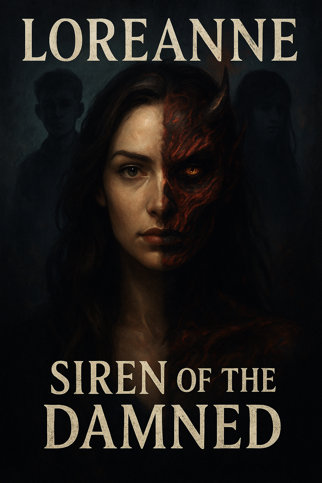 Boook cover for Loreanne - Siren of the Damned, featuring a woman with half human face, half demon face which symbolizes Loreanne becoming half-demon.