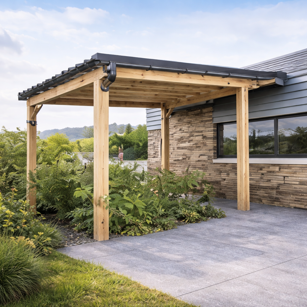 Timber garden pergola covering an outdoor patio