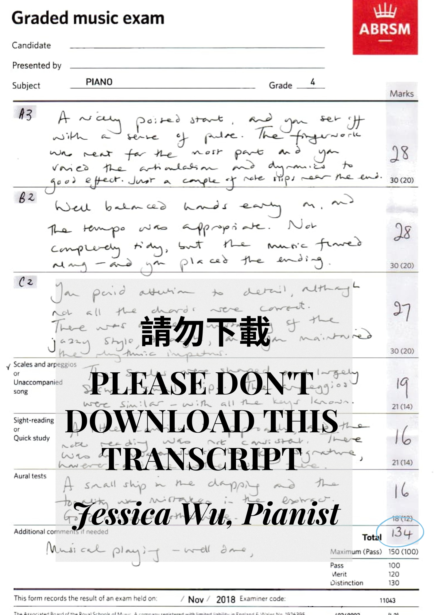 This student came to me at Grade 1/2 level. After 1.5 years of lessons with me, she successfully achieved Distinction at ABRSM Grade 4 Exam at a high mark (134/150).