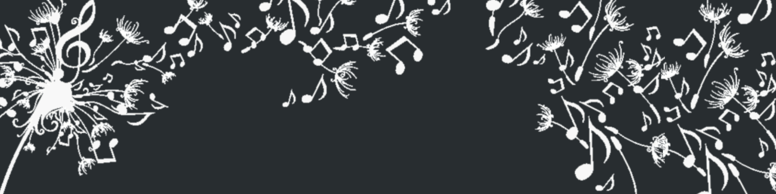 White musical notes and dandelions on a black background, with some dandelion seeds and music notes drifting away.