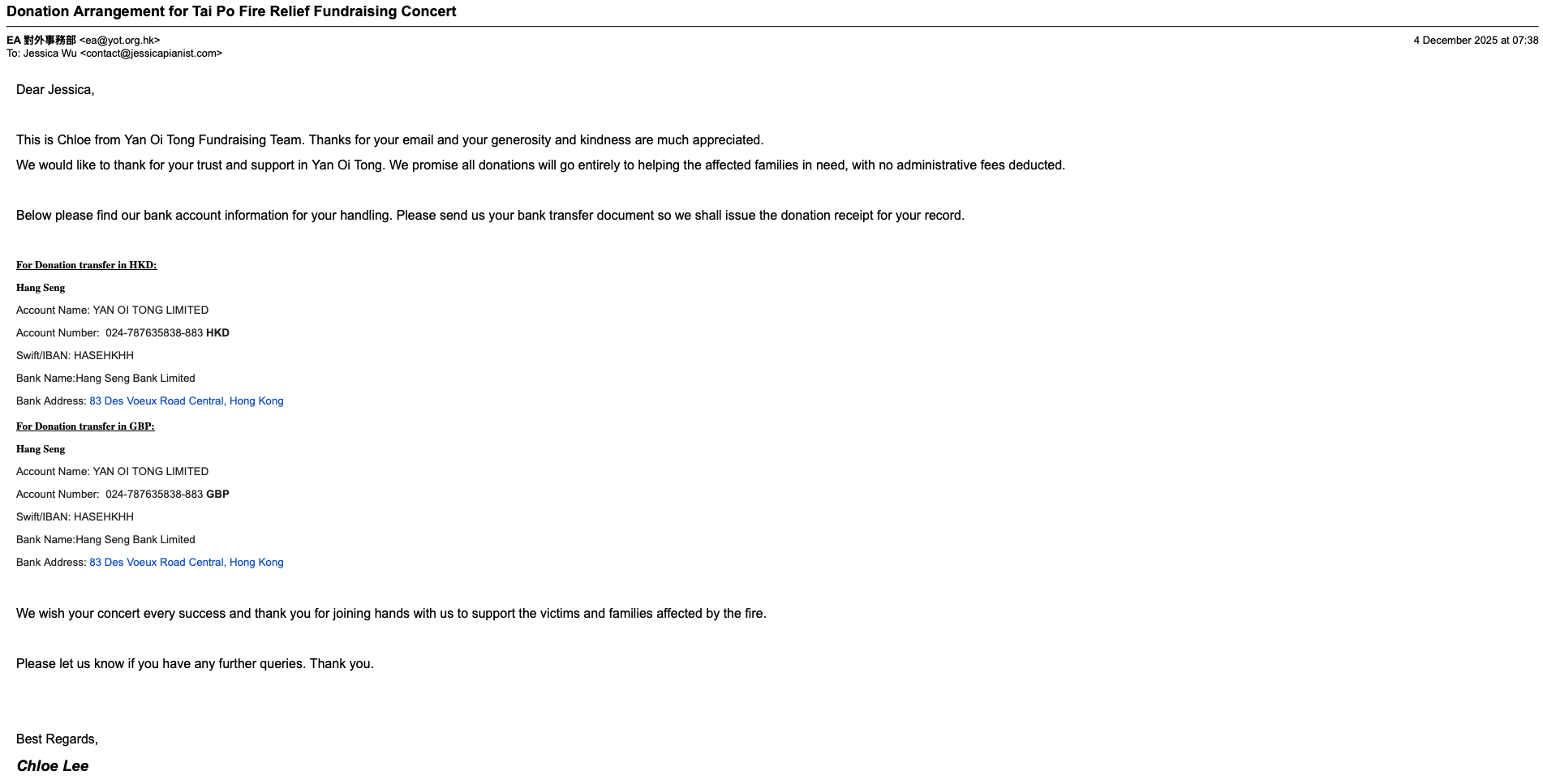 Email regarding donation arrangements for a Tai Po Fire Relief Fundraising Concert, including bank transfer details for Hong Kong and GBP, sent by Chloe from Yan Oi Tong Fundraising Team to Jessica Wu.