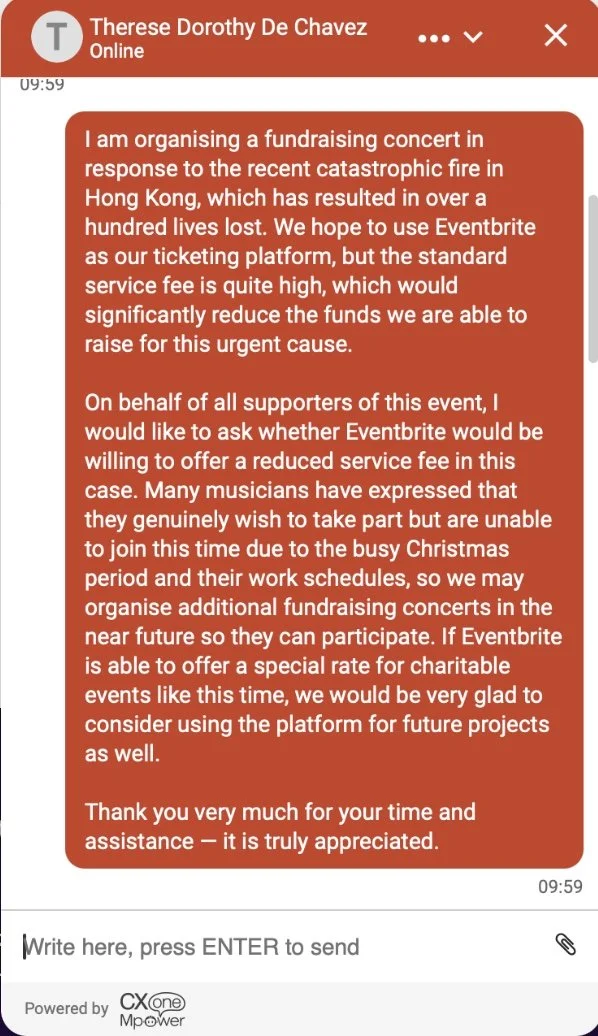 Screenshot of a message from Therese Dorothy De Chavez discussing organizing a fundraising concert to help victims of the Hong Kong fire, requesting support for reduced service fees from Eventbrite, and proposing future charitable events.