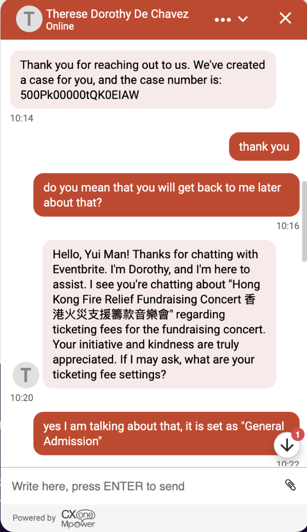 Screenshot of a chat conversation showing a customer service exchange about event ticketing and fundraising concert in Hong Kong.