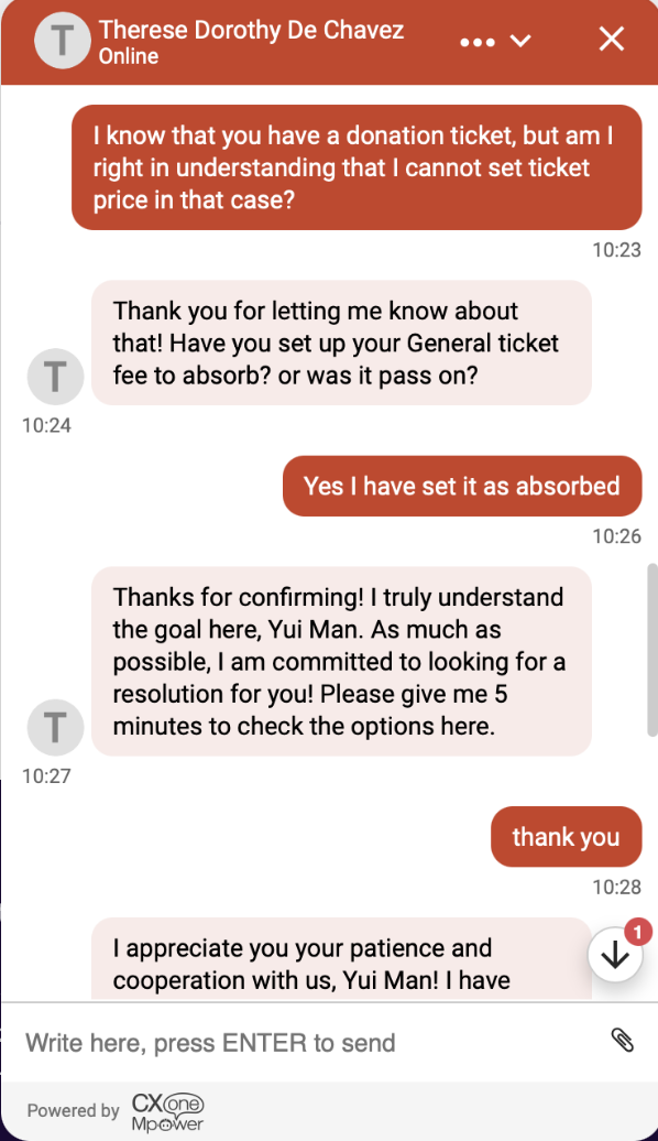 Screenshot of a chat conversation between a customer, Yui Man, and a representative named Therese Dorothy De Chavez discussing ticket prices and options, with messages timestamped from 10:23 to 10:28.