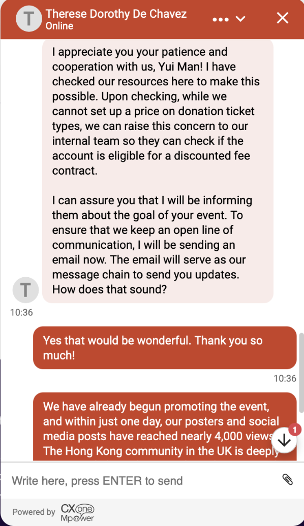 Chat conversation on a mobile device screen, including messages about event promotion, fundraising, and communication updates, with a red header and message bubbles in red and pink.