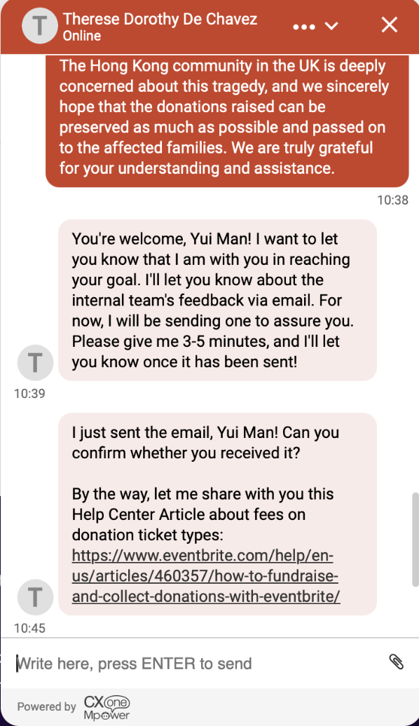 Screenshots of a conversation discussing condolences for a tragedy in the Hong Kong community in the UK and communication about confirming email receipt and sharing a help article on donation fees.