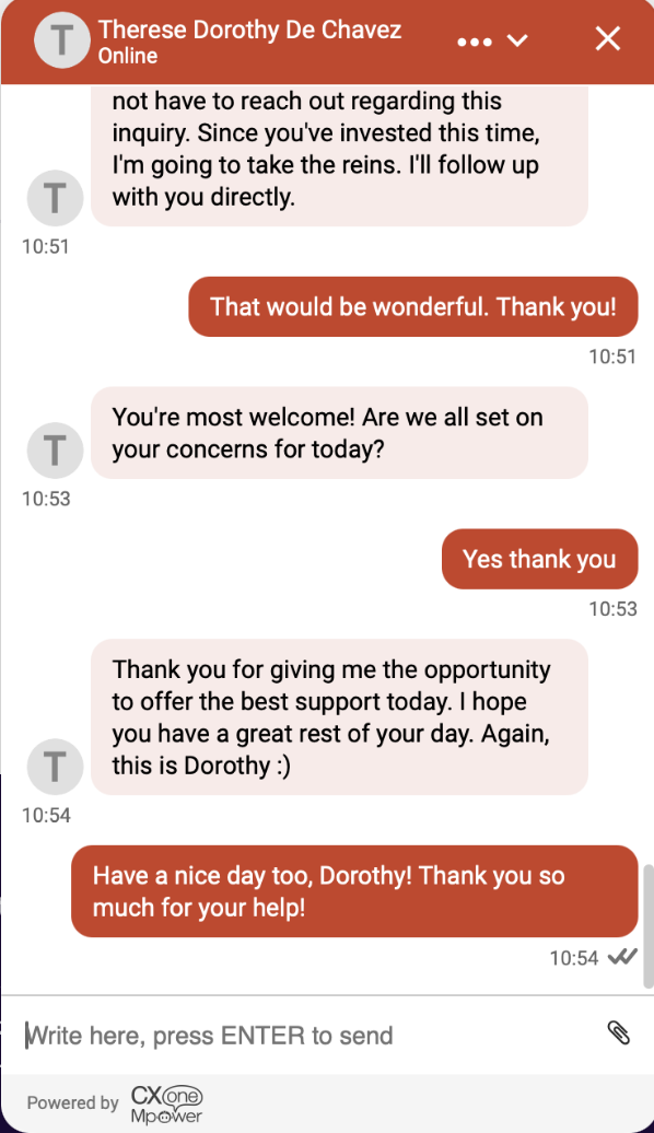 Screenshot of a text conversation between Therese Dorothy De Chavez and someone else, discussing support and gratitude, with timestamps from 10:51 to 10:54.