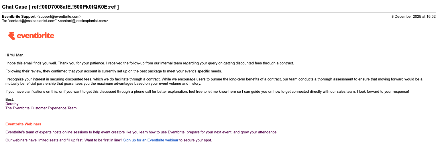 Screenshot of an email from Eventbrite support regarding discounted fees and webinars, dated December 8, 2025.