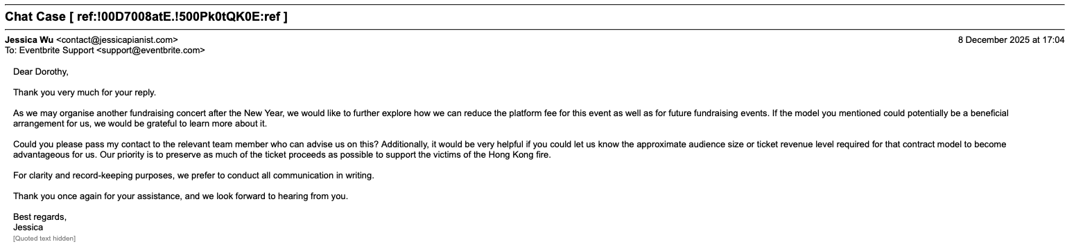 Screenshot of an email conversation discussing fundraising event planning, ticket revenue, and audience details.