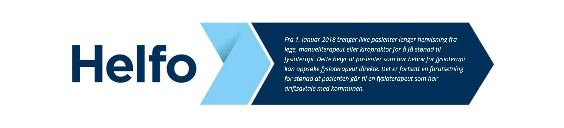 Helfo logo med tekst om endring i retningslinjer for henvisning til fysioterapi fra 1. januar 2018.