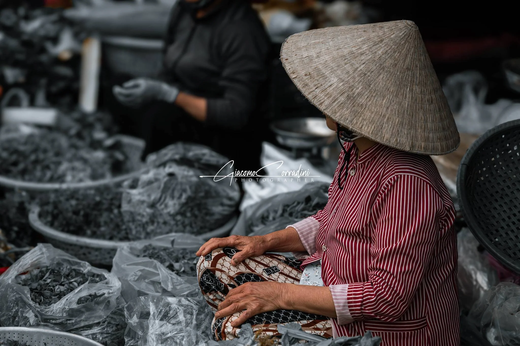 Venditrice al mercato tra ceste di merce, Hanoi Vietnam Wild Travel Films