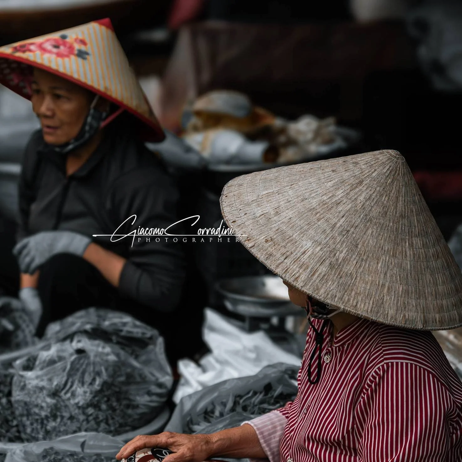Due venditrici con cappelli conici tra i banchi del mercato, Hanoi Vietnam Wild Travel Films