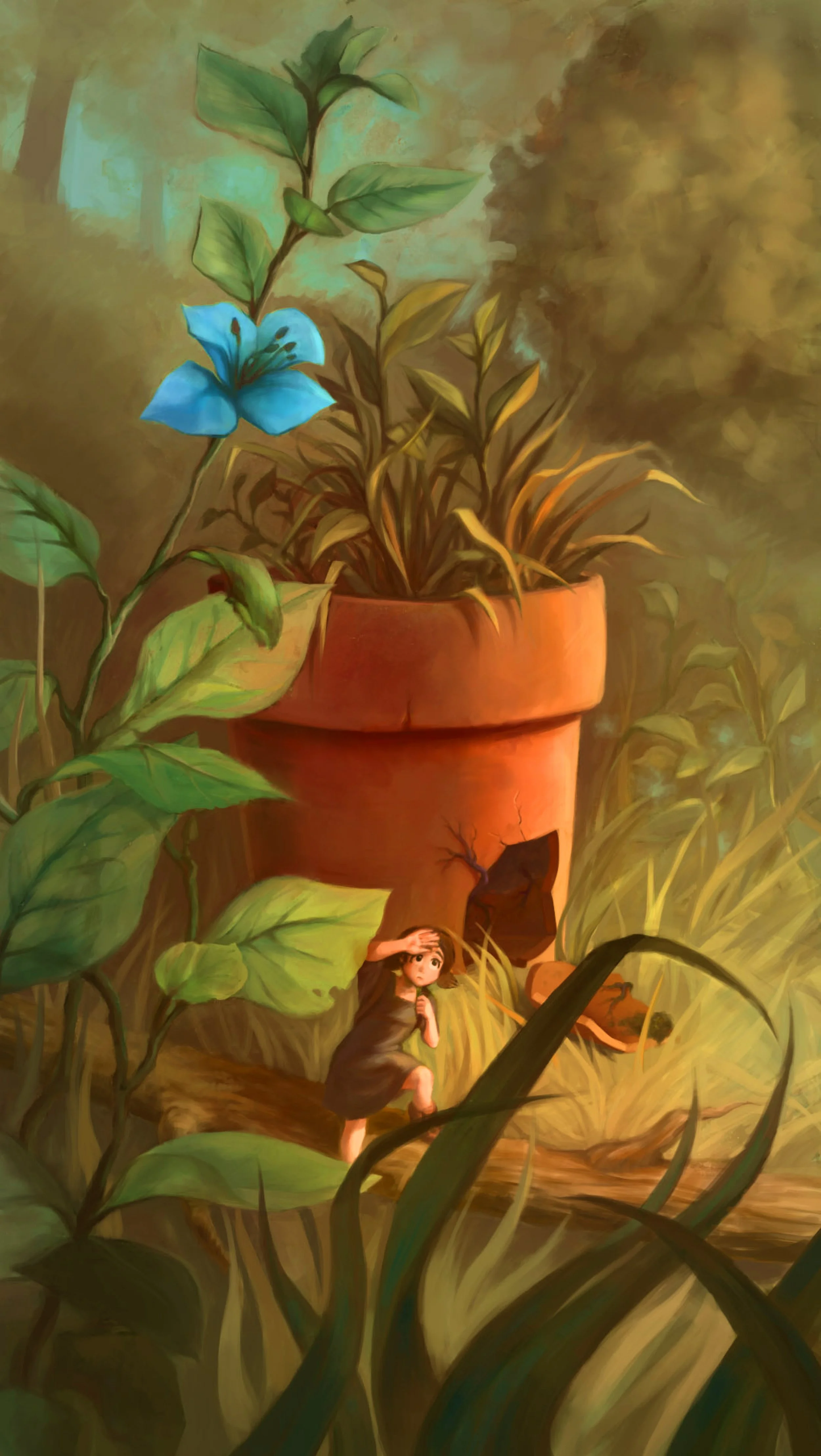 A painting of a large potted plant with a blue flower and green leaves, surrounded by tall grass and a young girl in a black dress holding her hand to her forehead and looking ahead.