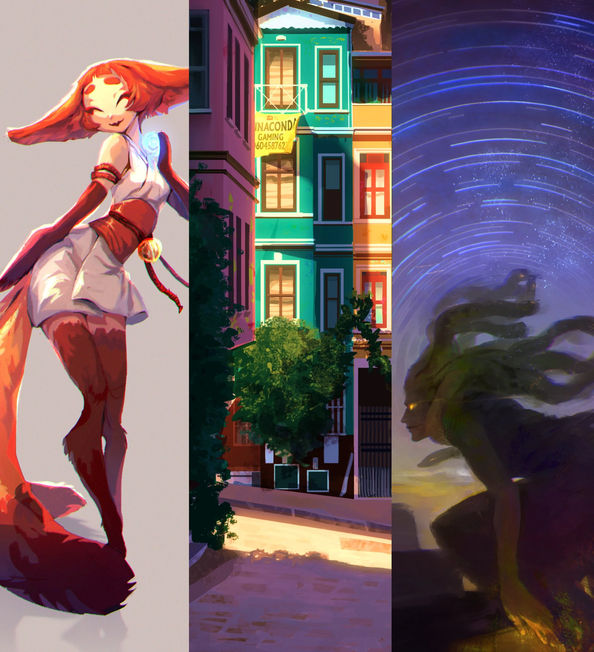 Three digital artworks: a fox-like character with orange hair and a white outfit on the left, colorful urban buildings with vibrant colors and lush greenery in the middle, and a woman with flowing hair under a starry night sky on the right.