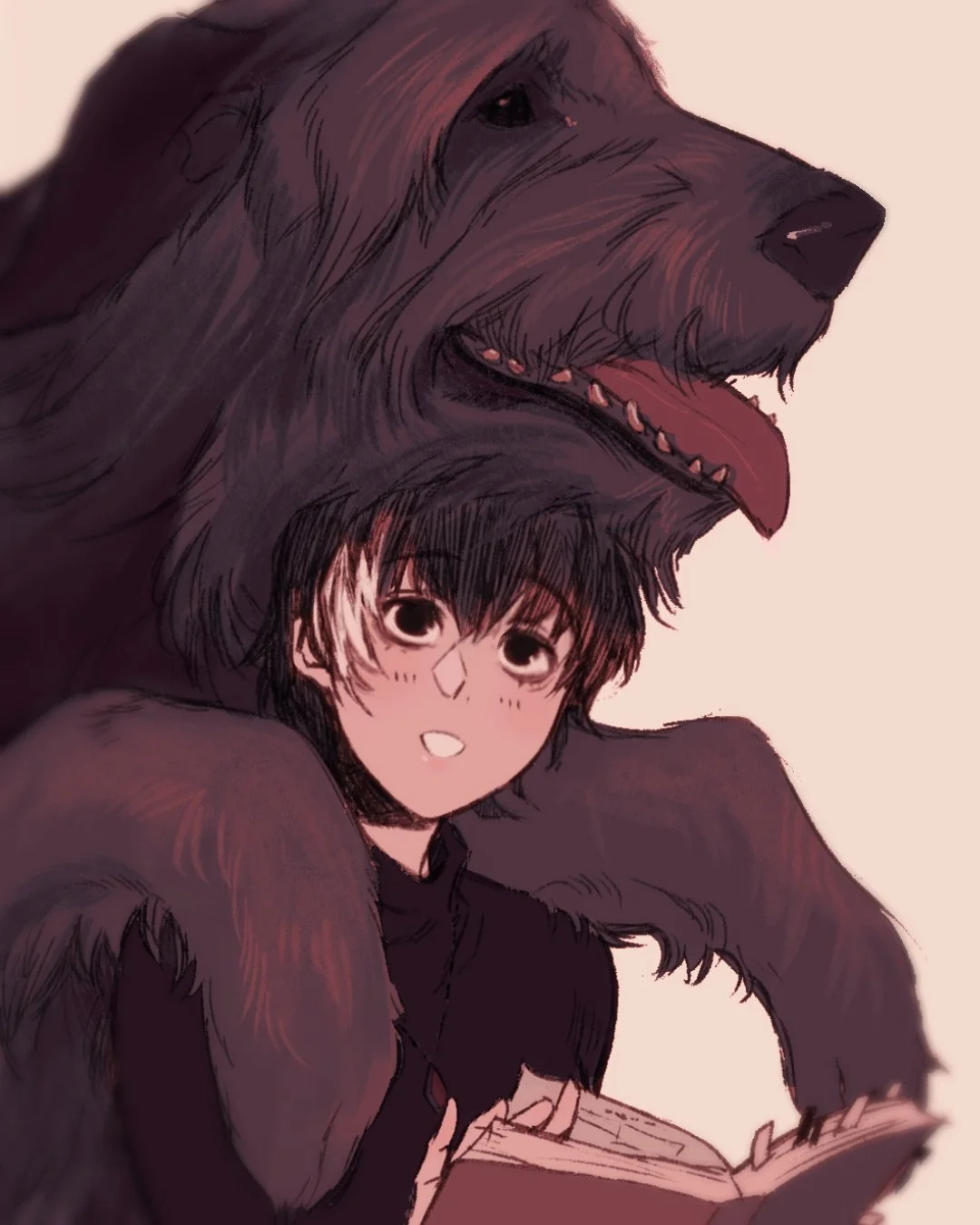 Anime-style drawing of a girl with short black hair and big eyes holding an open book, with a large, realistic wolf's head and upper body looming behind her.
