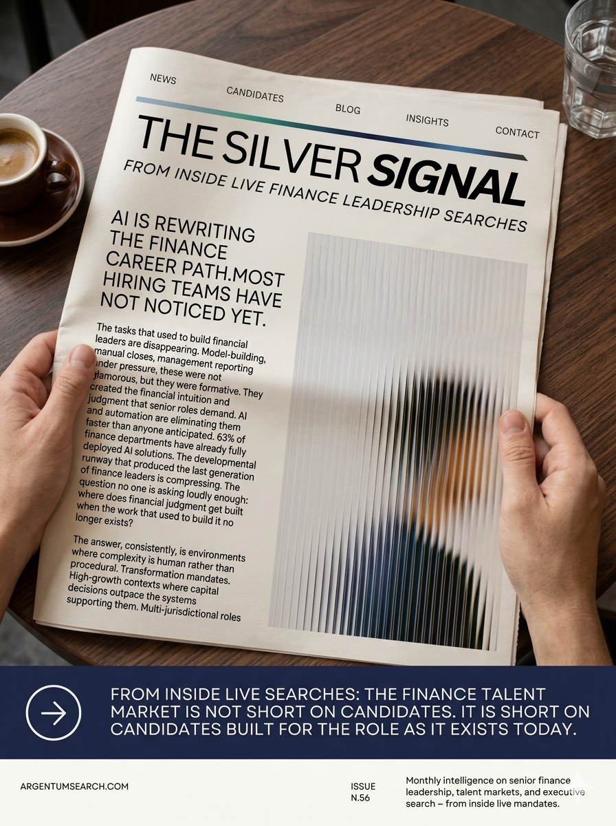 Person holding a newspaper titled "The Silver Signal" on finance leadership search topics, with a cup of coffee and a glass of water on a wooden table.