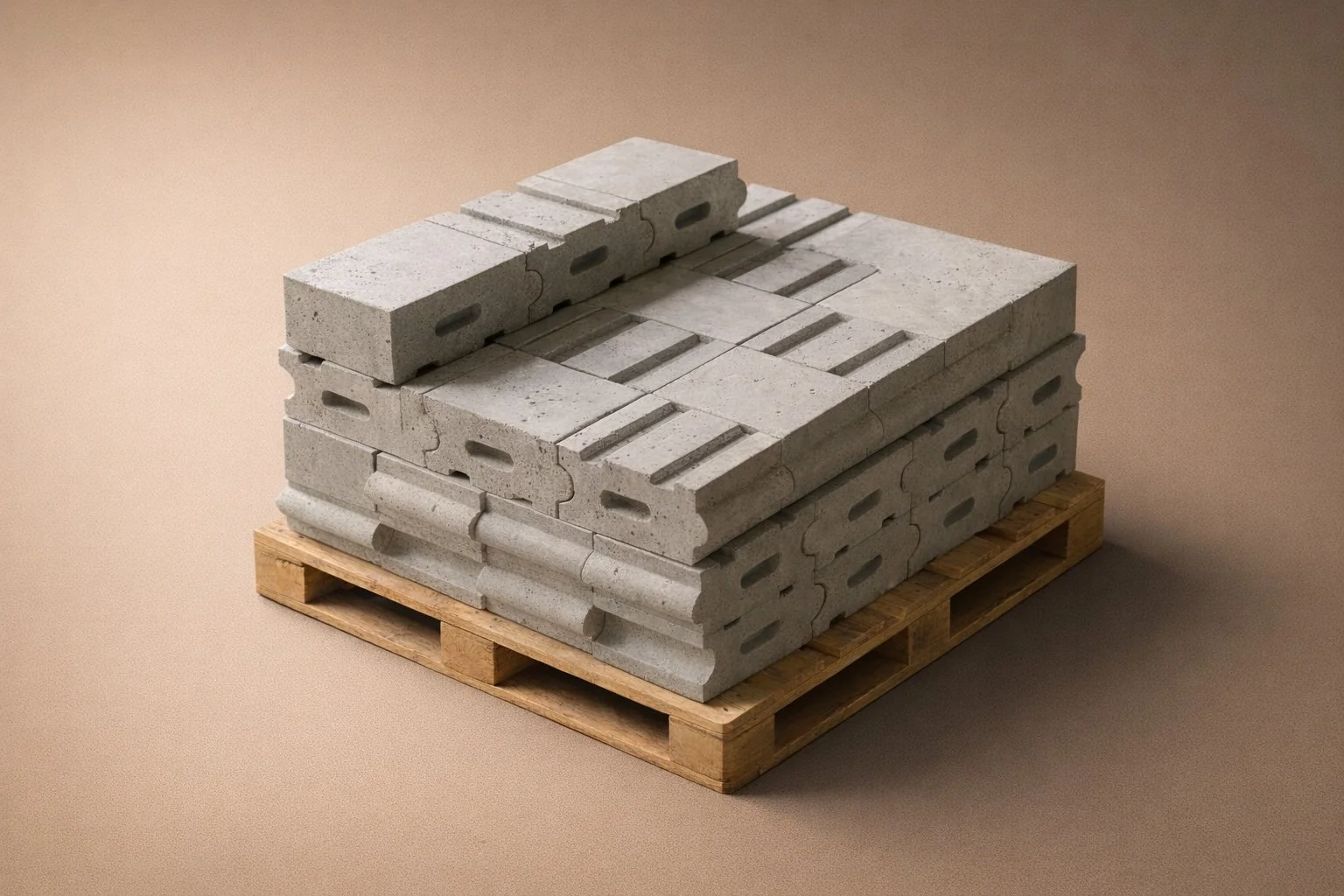 Stack of concrete bricks arranged on a wooden pallet
Compact modular construction blocks