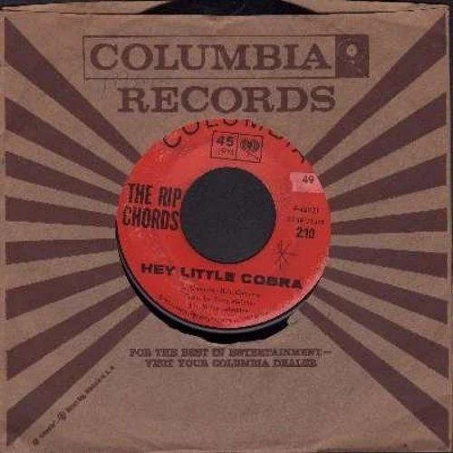 Vintage Columbia Records sleeve containing the 45 RPM vinyl record of "Hey Little Cobra".