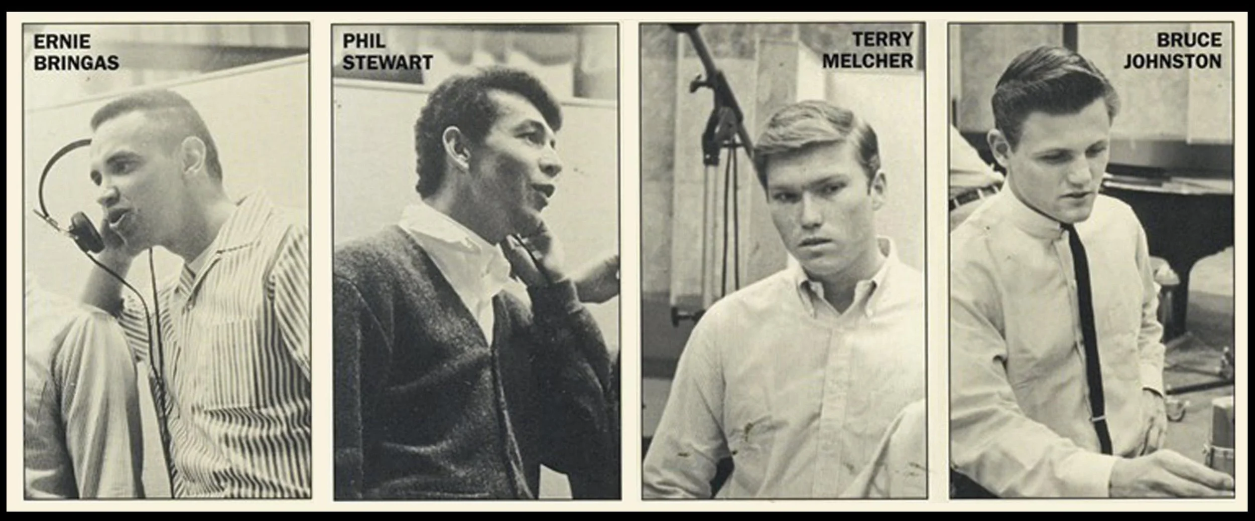 Black and white photo of Ernie Bringas, Phil Stewart, Terry Melcher, and Bruce Johnston - the four recording vocalists of The Rip Chords.