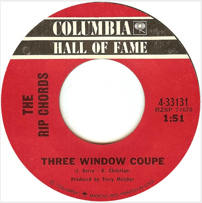 Vintage 45 rpm record label for The Rip Chords 'Three Window Coupe' released by Columbia Records.