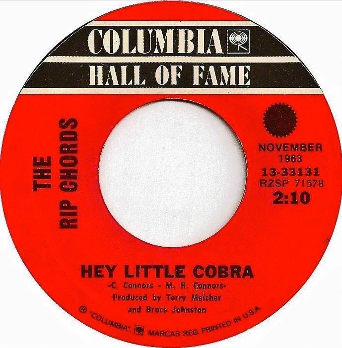 Columbia Hall of Fame vinyl 45 rpm record label for 'Hey Little Cobra' by The Rip Chords.