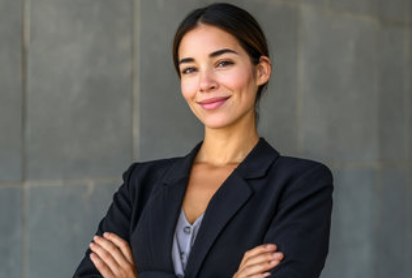 Confident young woman in a black blazer with arms crossed, standing against a gray wall.
