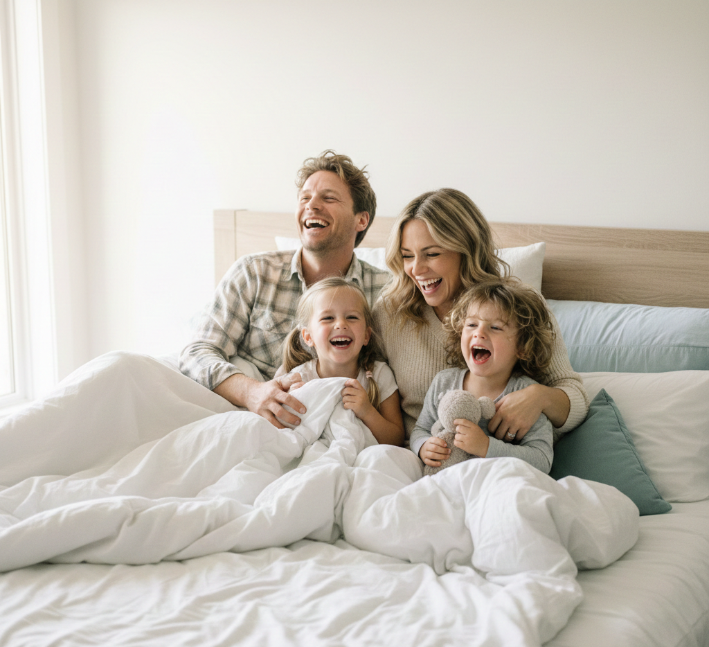 A family of four, including a man, woman, and two young girls, sitting on a bed and laughing together in a bright bedroom.
