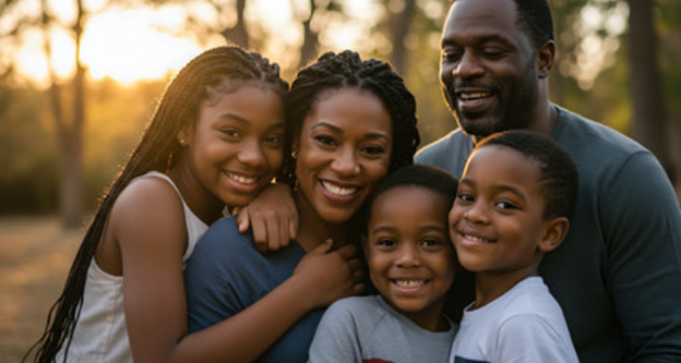 Happy family of five smiling together outdoors during sunset, embracing.