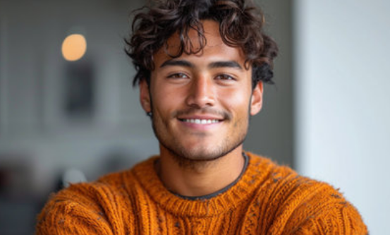 A young man with curly hair and a beard, smiling, wearing an orange sweater.