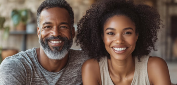 A smiling man with gray beard and a woman with curly hair, both indoors.