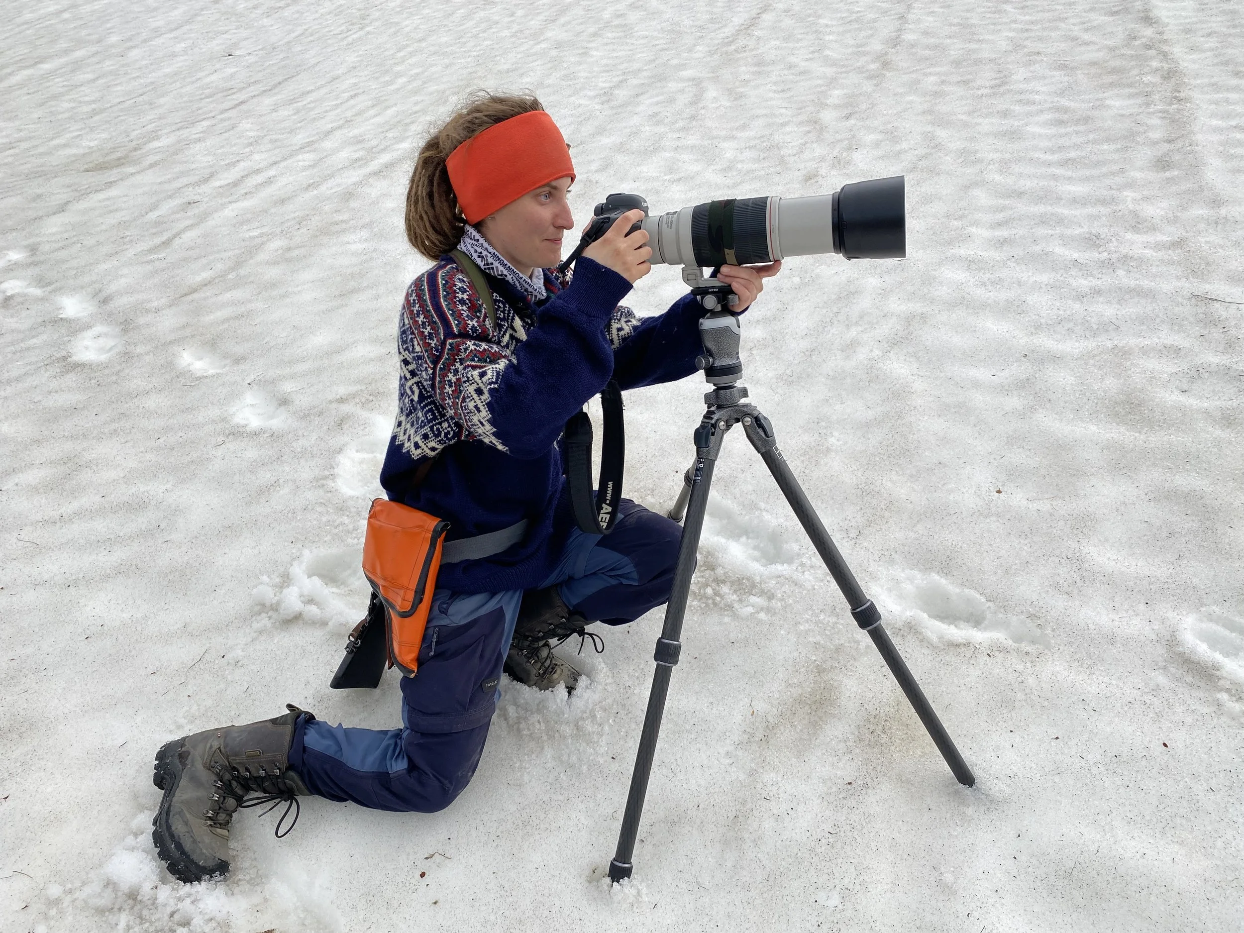 A person (Laia) in winter clothing kneeling on snow, looking through a camera with a large telephoto lens mounted on a tripod.