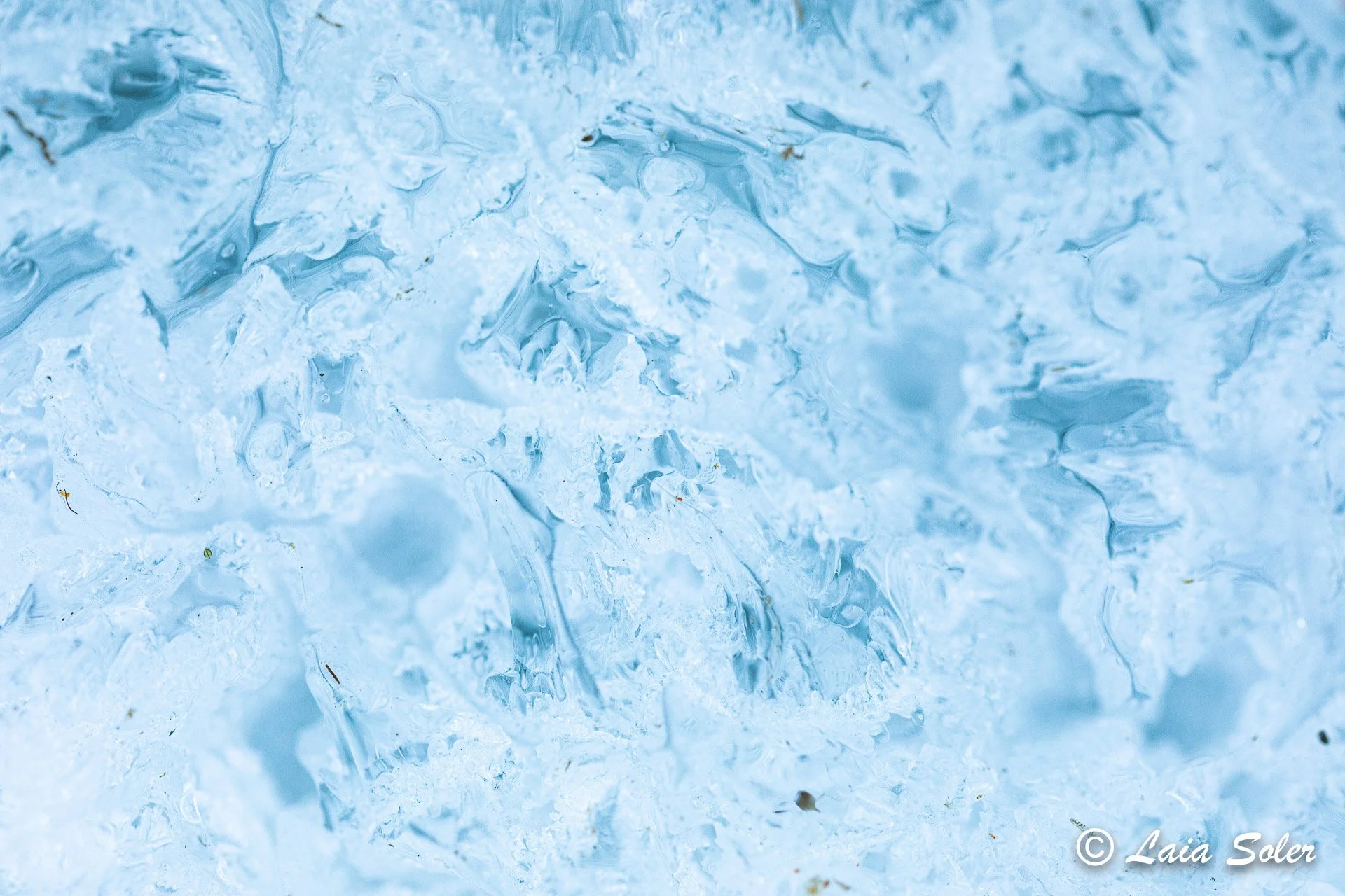 Close-up of a textured surface that appears to be icy or snowy, with various shades of light blue and white, showing intricate patterns and small debris.