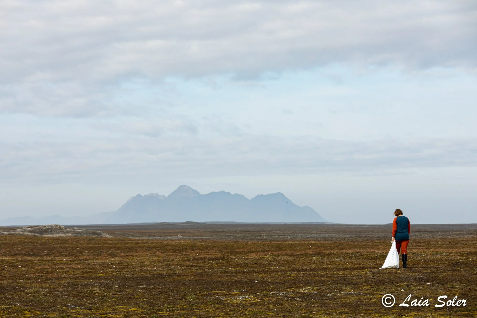 A person walking alone in a vast, deserted landscape with mountains far in the background under cloudy skies.