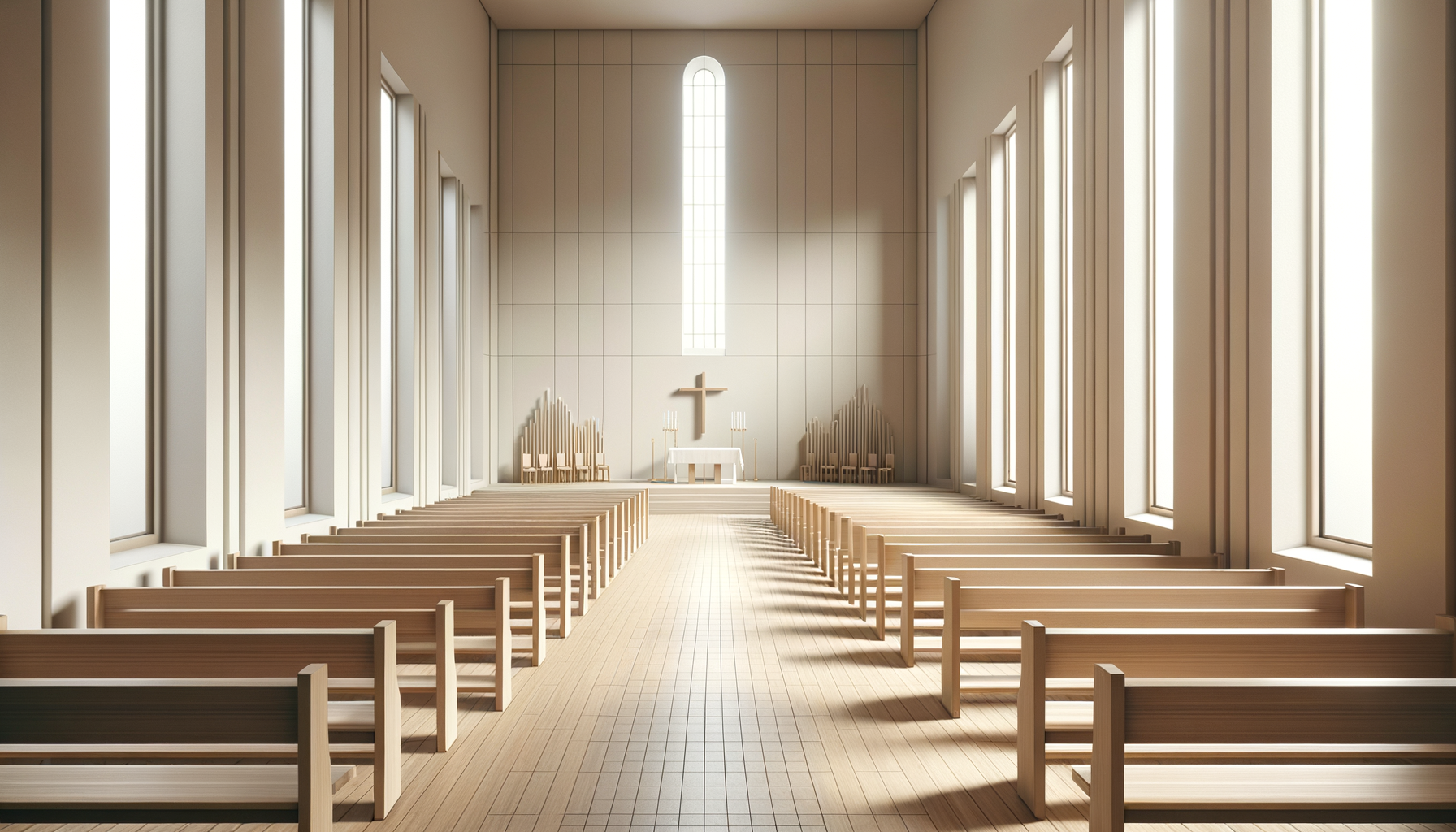Bright, empty church interior with wooden pews, large windows, and an altar with a cross and candles.