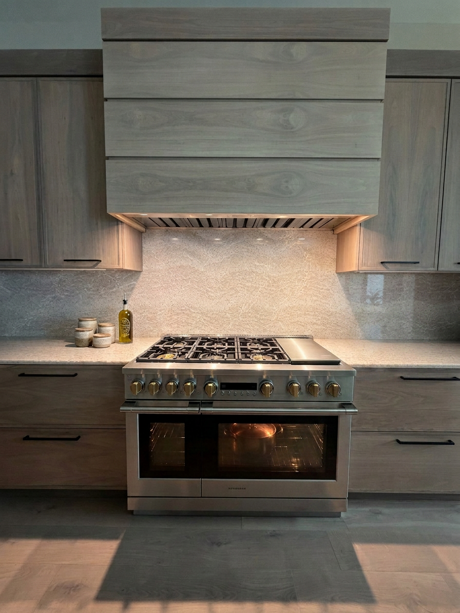 This high-end custom kitchen pairs warm wood cabinetry with a striking full-height backsplash, creating a refined balance of natural texture and modern design. The 48" statement range and 60" custom wood hood serve as the focal point, blending profes