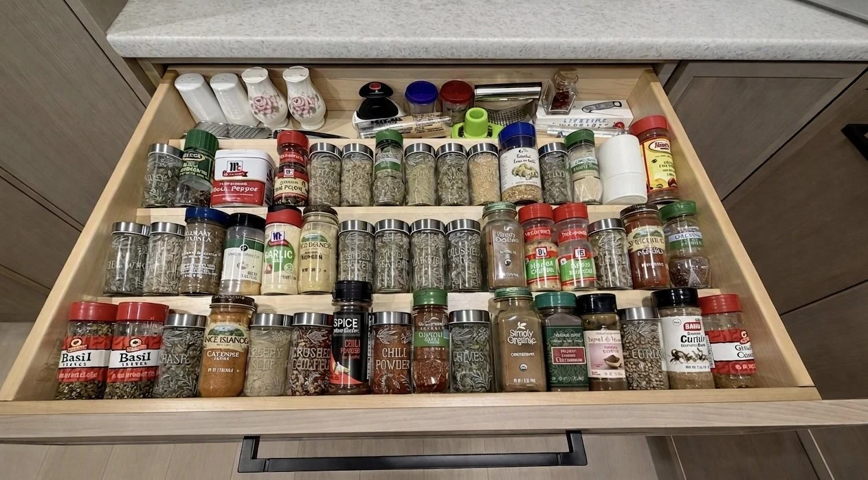 An inclined, multi-tiered drawer insert displays spice jars in organized rows for effortless identification while cooking.