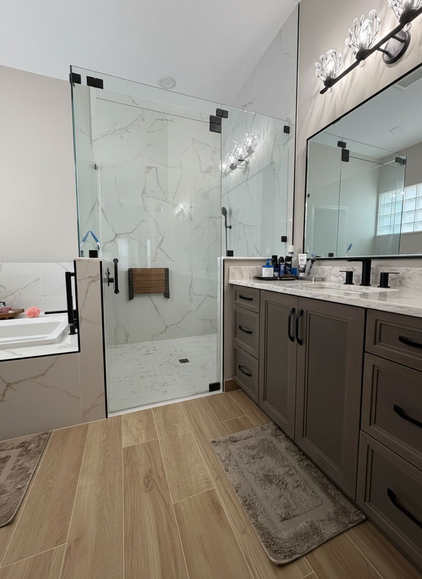 This modern primary bathroom blends contemporary luxury with thoughtful accessibility. The spacious walk-in shower is equipped with curbless entry, fold down bench and safety bars that serve as both a stylish focal point and a functional design choic