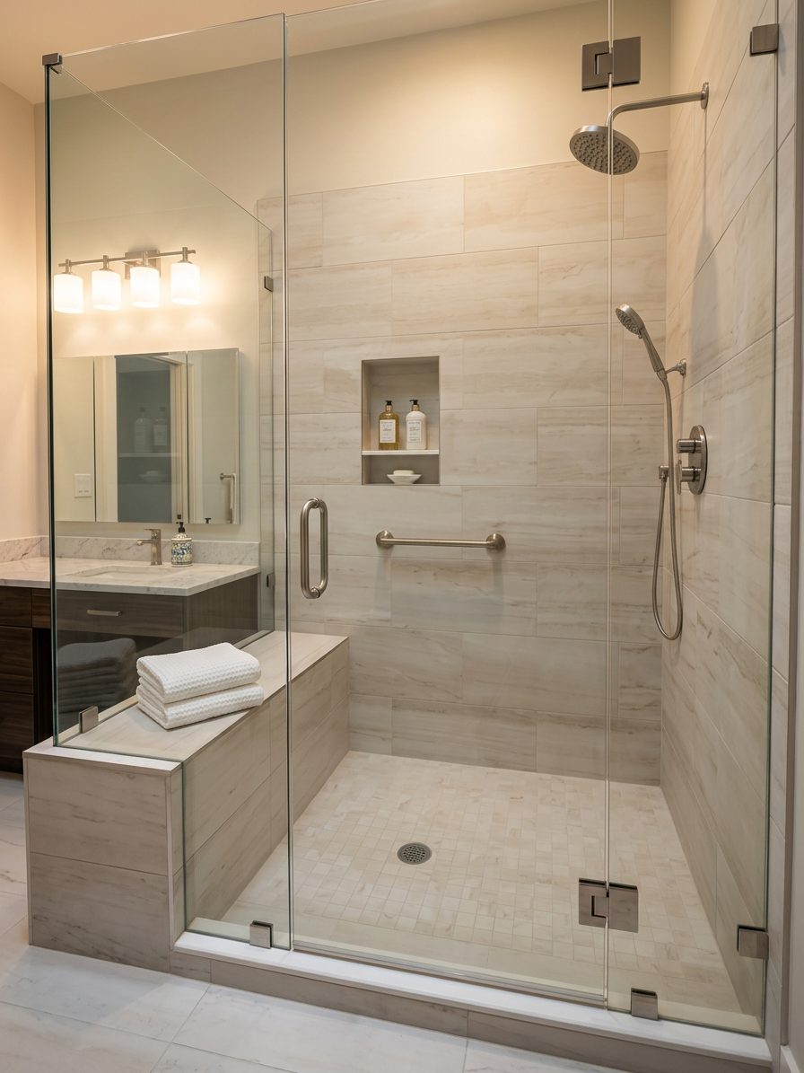 This beautiful modern bathroom features a spacious shower to complete the refined, spa-like sanctuary.