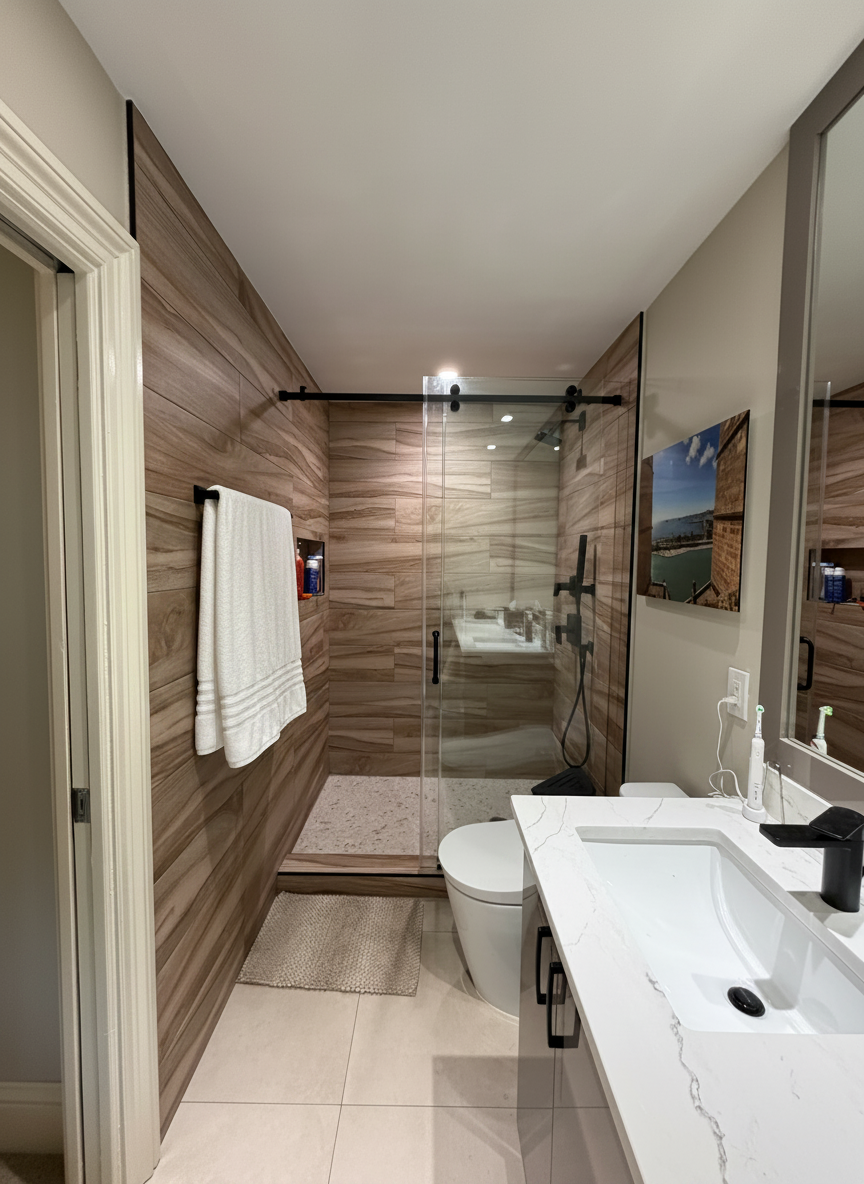 This small primary bathroom maximizes every inch with thoughtful materials and stream-lined fixtures. Clean lines and curated accents keep the space feeling polished, intentional and beautifully efficient.