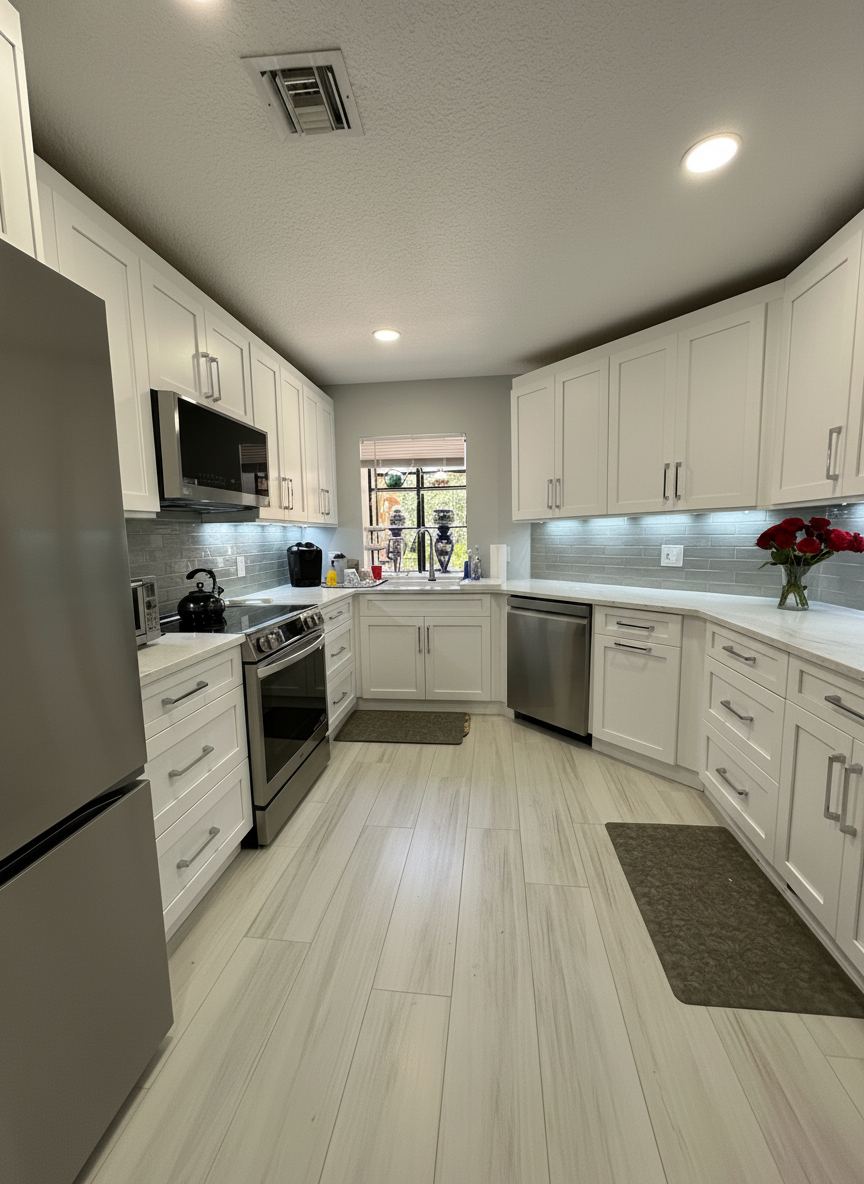 A refined blend of soft neutrals and crisp finishes gives this kitchen an understated, high-end elegance. This space was designed with style, comfort and functionality in mind.