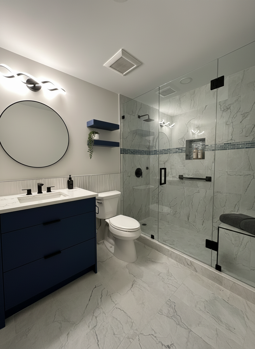 This minimalist design with luxurious finishes, creates a bright, open bathroom that feels both elegant and functional.