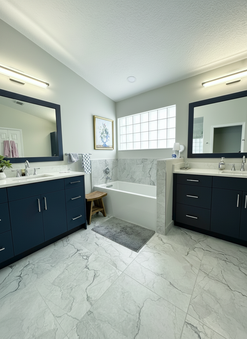 This spacious primary bathroom makes an elevated statement by balancing bold contrast with a clean tranquil ambiance.