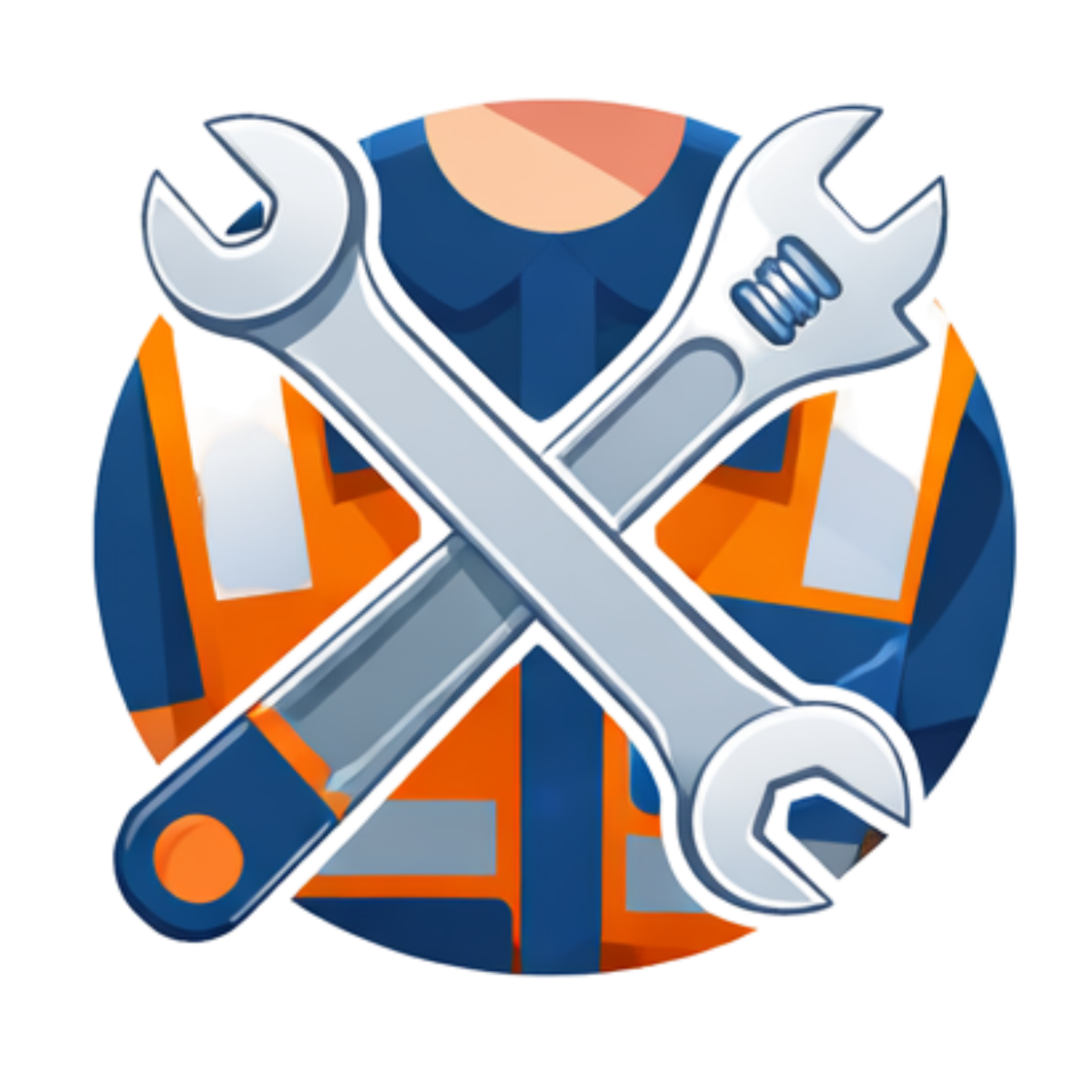 A digitally illustrated icon of a person in an orange safety vest holding two crossed wrenches.