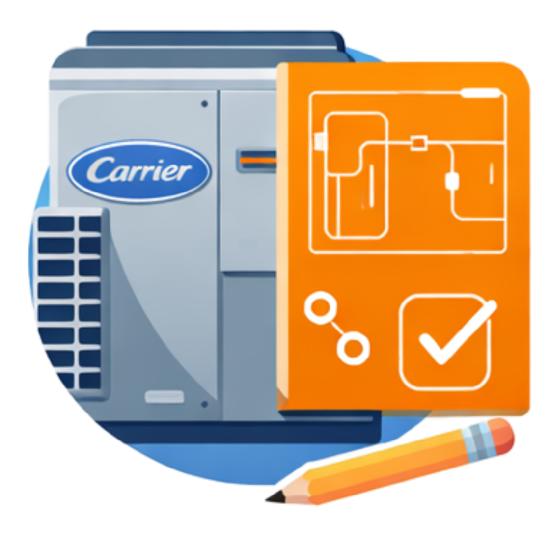Carrier HVAC unit with an orange control panel and a pencil.