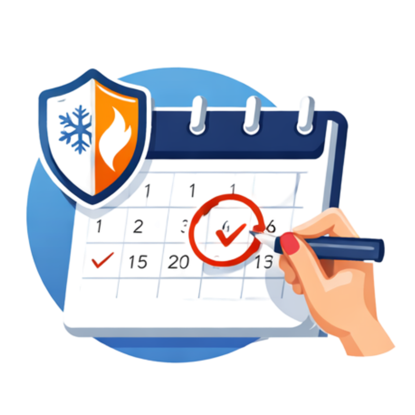 A calendar with check marks on specific dates, a hand holding a marker checking a date, a shield with a snowflake symbol, and a flame symbol, representing protection and safety measures.