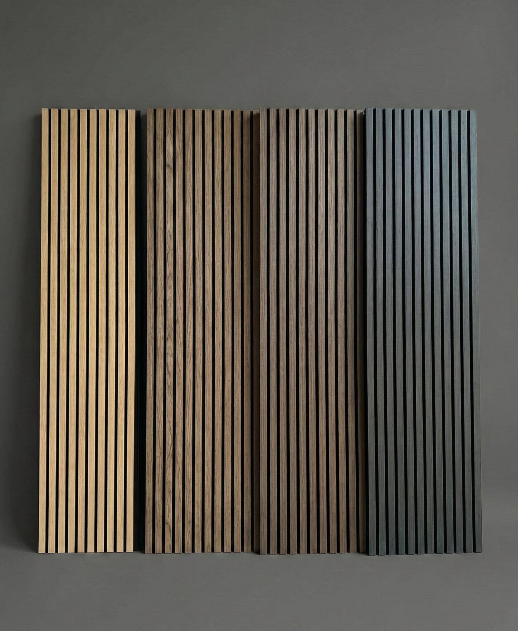 Acoustic wall panels of four different colors, lined up