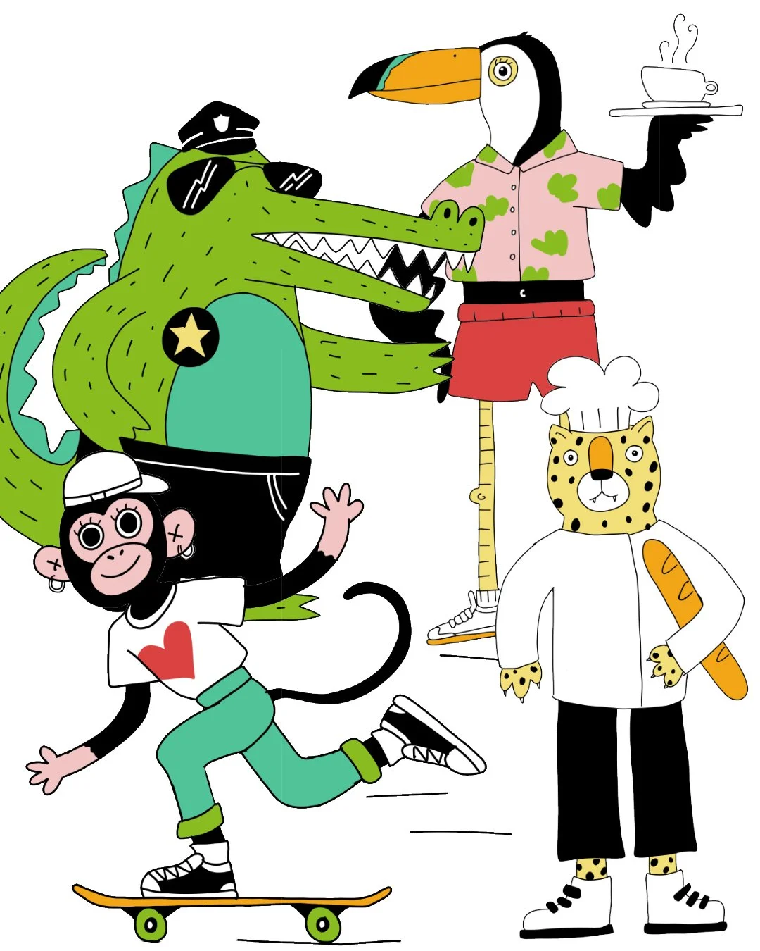 La Monita que patina y sus amigos salvajes.
Desarrollo de personajes pensados para un tierno proyecto de un jard&iacute;n infantil en la Ciudad de Panam&aacute;. 

Presentando a: la Monita intr&eacute;pida, el Jaguar panadero, Tucancita tu barista de